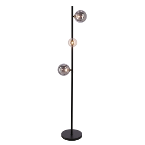 Lampa podłogowa Kama 3x28W G9 czarna i złota, klosze grafitowe i bursztynowe, elegancka lampa stojąca, nowoczesny design do salonu
