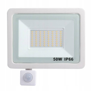 NAŚWIETLACZ HALOGEN Z CZUJNIKIEM RUCHU BIAŁY 50W B.ZIMNA 6000K