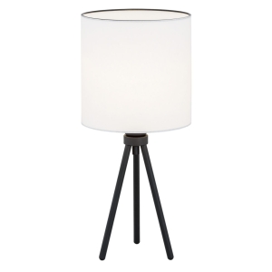 Elegancka prosta lampa stołowa biurkowa hotelowa czarna stal biały tkaninowy abażur trójnóg HILARY 4083