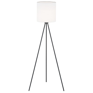 Elegancka prosta lampa stojąca podłogowa hotelowa czarna stal biały tkaninowy abażur trójnóg HILARY 4084
