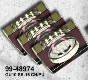 ZESTAW TRZECH OPRAW  SS-16 CH/PU 3X3W GU10 LED Z ŻARÓWKĄ  LED  CHROM OPR. STROP. STAŁA KWADRATOWA SZKŁO FIOLETOWE